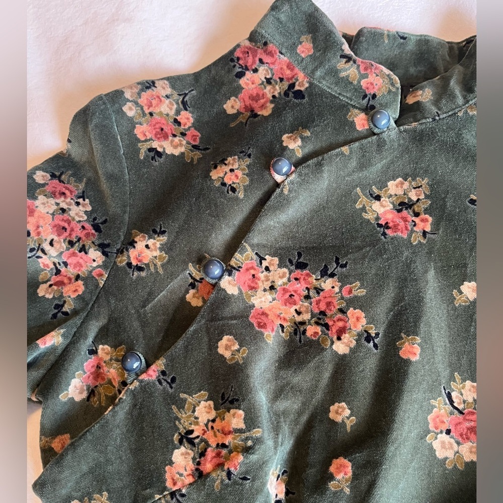 MOMO_TOBO Green Floral Velvet Dress, Whimsigoth Cottagecore Boho Chic Size L - Picture 5 of 16